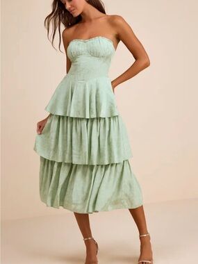 Lulus Beverly Sage Green Jacquard Tiered Midi Dress